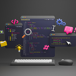 Digital image of a computer screen with coding on it, and various icons representing exploring, ideas, how things work and code.